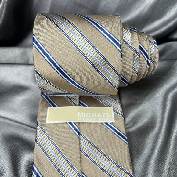Michael Kors Other - Michael Kors Mens Neck Tie Necktie Silk Tan Blue White Stripes 59” L  3.5” Gifts